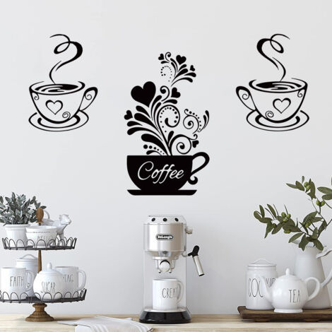 AHLSEN Stickers Muraux Tasse à Café Cuisine Décor Autocollants Stickers Autocollant Mural Amovible Tasses à Café Décoration Murale pour la Maison Cuisine Salle à Manger Salon Bar café Noir (1/5)