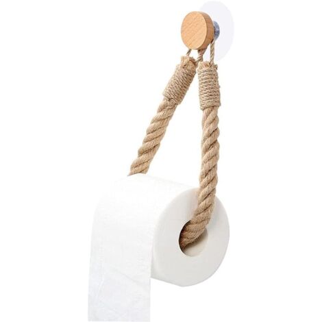 Ahlsen 1 Pièce Dérouleur Papier Toilette Bois Porte Papier Toilette sans Perçage Auto Adhésif Support pour Rouleau de Papier Toilette Porte-Papier Toilette Mural Créatif (Bois et Corde)