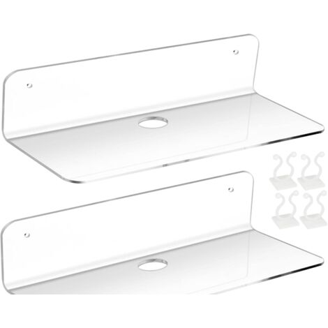 Ahlsen 2PCS Étagère Murale Flottante en Acrylique,Etagere Murale Blanche Lot de 2,Etagere sans percer en Acrylique pour Chambre, Salle de Bains, Cuisine, Salon, Bureau, avec 4 Clips Câble (1/5)