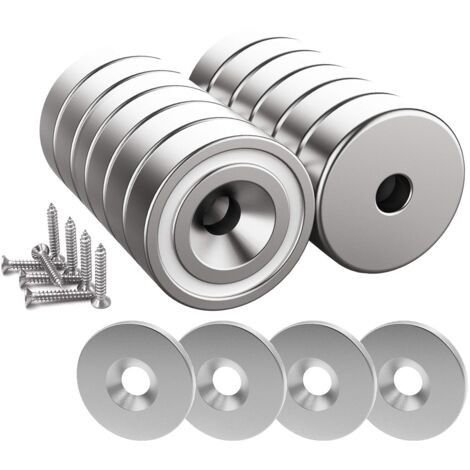 AHLSEN 12 pièces Aimants en néodyme 10 KG force 20 x 7 mm avec trou et capsule, aimant en pot fraisé avec vis et 12 coussins en acier (Argent Brillant)