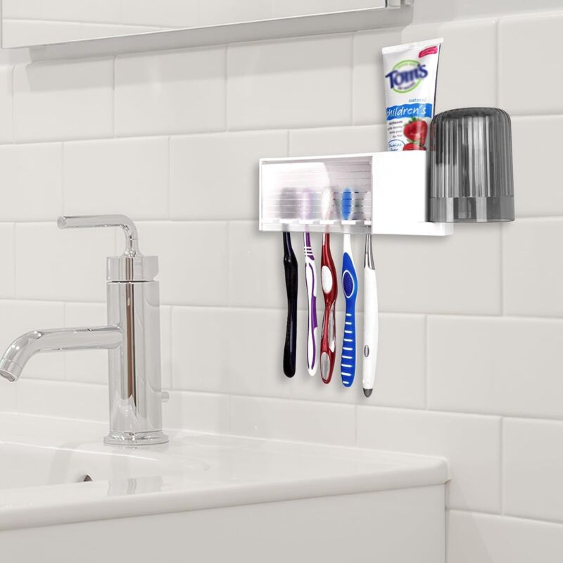 Ettori Porte-Brosse à Dents Adhésif Mural - Rangement Salle De Bain 2 Compartiments Sans Perçage, Idéal Cuisine Et Douche