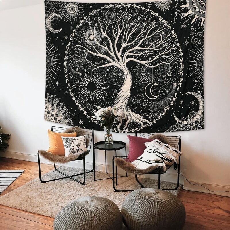 Tapisserie Murale Arbre De Vie Soleil Et Lune – Taille M 130x150cm, Polyester, Design Mandala Noir Et Blanc - 7