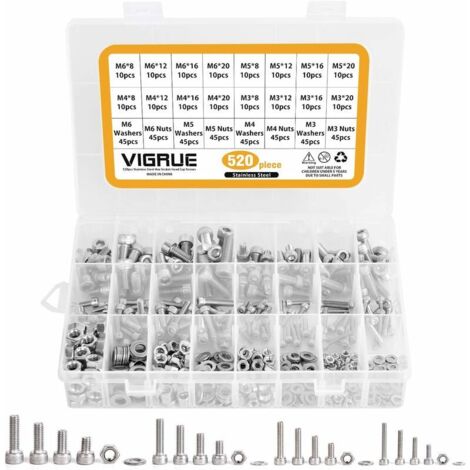 Kit 520PCS M3 M4 M5 M6 en Acier inoxydable Bouton à tête hexagonale Socket Tête Câble Boulons Vis avec écrous Assortiment (1/6)