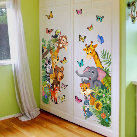 Stickers Muraux Animaux Jungle - Girafe, éléphant, Singe Pour Chambre Enfant, Nurserie Ou Salle De Jeu (2 Feuilles 30x90 Cm)