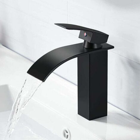 Mitigeur de lavabo--Robinet de Salle de Bain Robinet Cascade Mono-trou Mitigeur sur Lavabo Robinetterie Lave-mains avec Levier Unique -noir (1/5)