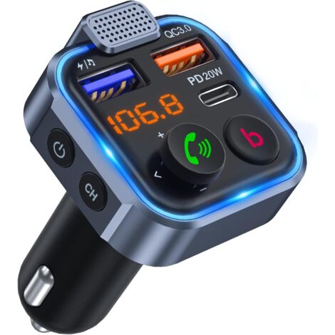 Transmetteur FM Bluetooth Voiture, Allume Cigare Bluetooth 5.0 Émetteur Radio, Chargeur Rapide de Voiture PD 20W Type C+ QC3.0 (1/5)