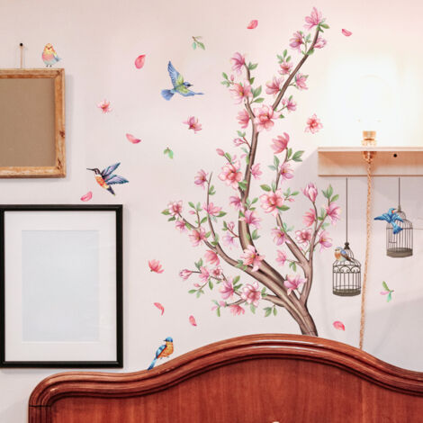 Decalmile Stickers Muraux Fleurs De Cerisier Rose - Autocollant Arbre Oiseaux Décoration Chambre