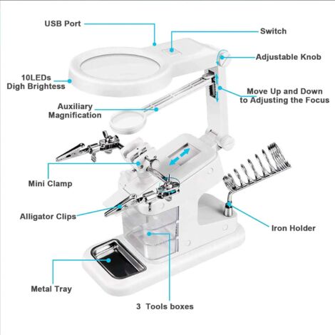 Troisième Main Avec Loupe Et LEDs - Support De Soudure, Modélisme, Bijouterie