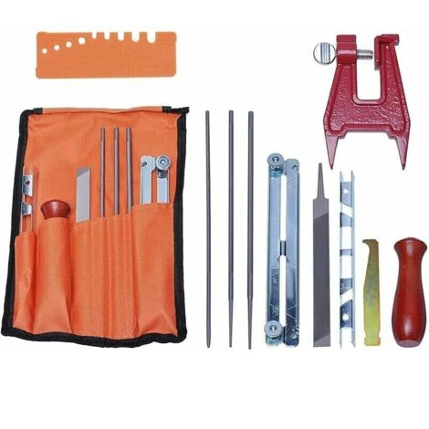 Kit d'affûtage Universel pour Tronçonneuse, Jeu de Limes pour Aiguiser Les Semis de Chaîne avec Limes, Poignées en Bois, Jauge de Profondeur, Guide de Polissage, Sac à Outils et Vis de Banc (1/5)