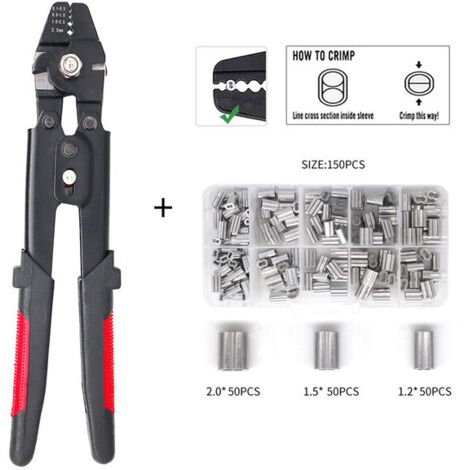 Pince à corde avec fonction coupante pour manchons en aluminium de 0,1 mm à 2,2 mm,avec 150 pièces 1,2/1,5/2 mm en aluminium à double barillet (1/5)