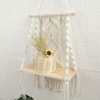 Étagère Murale Bois Macramé Bohème - 40x15cm - Suspension Corde Naturelle Pour Plantes Et Déco