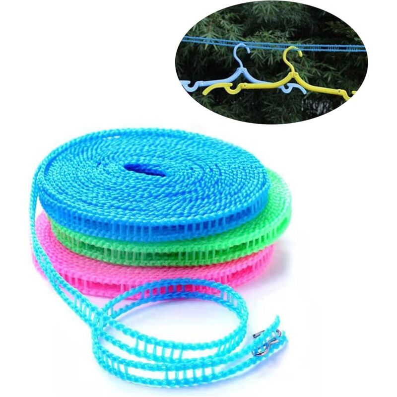 Lot De 3 Cordes à Linge Coupe-vent – 8 M Chacune, Crochets En Acier – Antidérapante, Portable – Pour Camping, Voyage, Intérieur/extérieur - 3