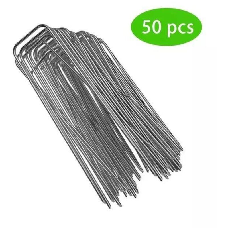 Lot De 50 Piquets De Jardin En U Vert - Acier Galvanisé 15 Cm, Fixation Solide Pour Gazon Artificiel, Toile Mauvaises Herbes, Bâches & Filets