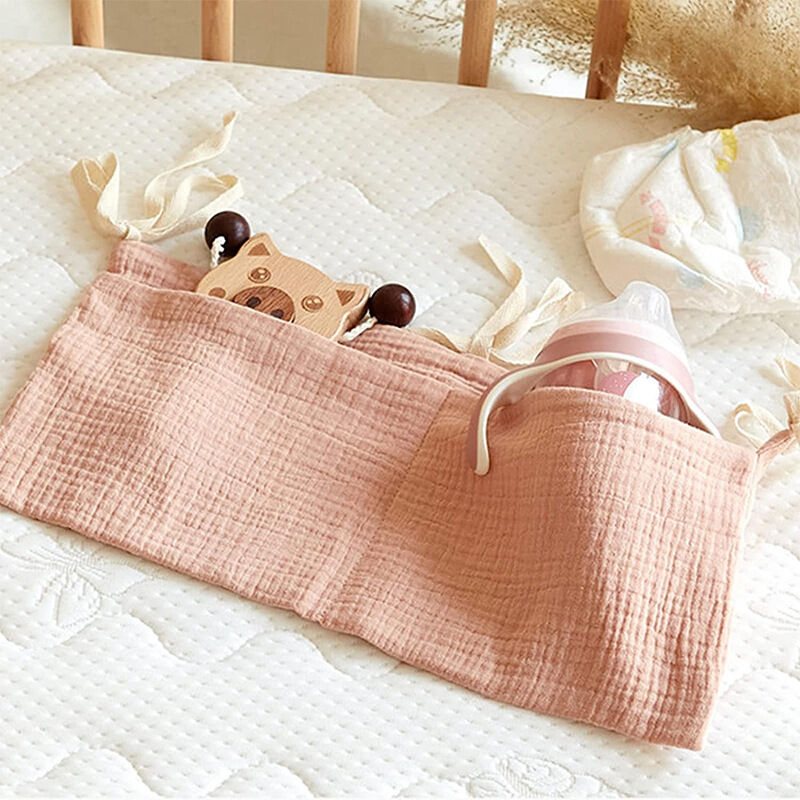 Sac De Rangement Suspendu Pour Lit Bébé - 2 Poches - Sangle Réglable - Coton Lavable - Bleu Foncé