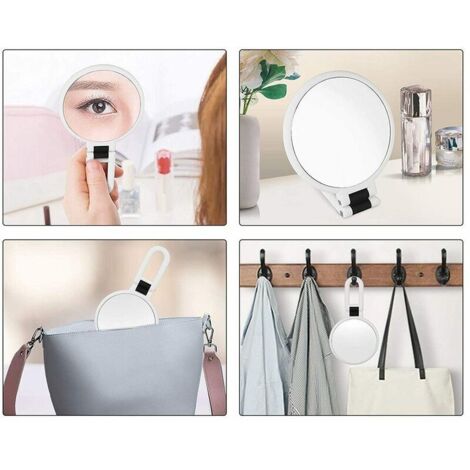 Miroir de Maquillage avec Poignée, Miroir de Poche de Voyage Double Face Miroir cosmétique pivotant à 270°, Miroir de Maquillage Pliable Miroir sur Pied, Miroir Rasage, Miroir Salle de Bain (Argent