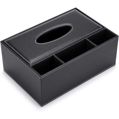 Boîte à mouchoirs rectangulaire en cuir PU (noir) avec organisateur de bureau à 3 compartiments pour télécommande (1/5)