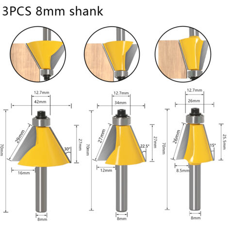 3PCS 8mm Angle Biseautée Routeur Bits 2 Fléau 15°/22.5°/45°Chanfreinée