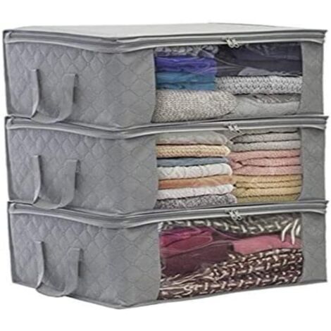(3 pièces, gris) Sac de rangement pliable pour vêtements, 49 x 36 x 21 cm, sac de rangement sous le lit, tissu non tissé épais imperméable, adapté aux couettes, couvertures, oreillers, vêtements (1/4)
