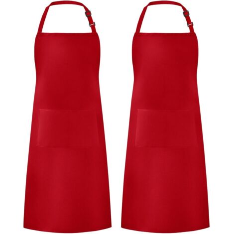 Lot de 2 tabliers réglables résistants aux gouttes d'eau avec 2 poches pour barbecue, dessin, femme et homme, rouge (1/5)