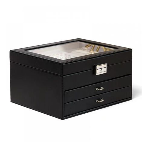 (Noir) Boîte de rangement pour bijoux en cuir à 3 couches, boîte de rangement pour bagues et boucles d'oreilles (1/5)