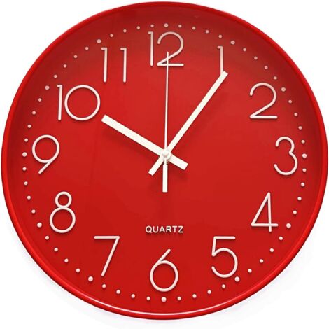 Horloge 30cm Murale Ronde silencieuse Moderne Horloge Murale à Quartz sans tic-tac pour Chambre à Coucher Salon Bureau Salle de Classe, Rouge (1/4)