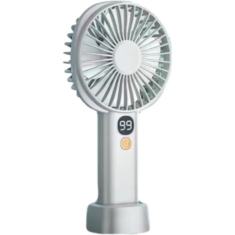 Ventilateur portable blanc, compact et pratique, rechargeable, puissant réglage à 5 vitesses, indicateur de niveau de batterie, avec base de bureau (1/5)
