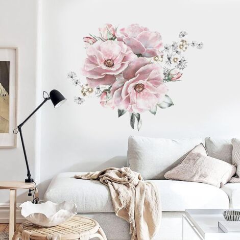 Stickers Muraux Fleurs Pivoine Grande Autocollant Mural Floral Aquarelle Rose