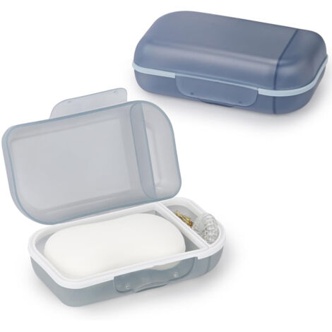 Lot de 2 Porte Savon avec Couvercle, Boite Savon Voyage, Boîte à Savon avec Anneau d'étanchéité TPR, pour Douche, Voyage, Randonnée, Salle de Bain (Gris et Bleu) (1/5)