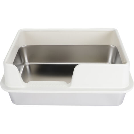 Eosnow Bac à litière en acier inoxydable à bords hauts, anti-éclaboussures, facile à nettoyer, fermé, pour chats de petite et moyenne taille, blanc (1/5)