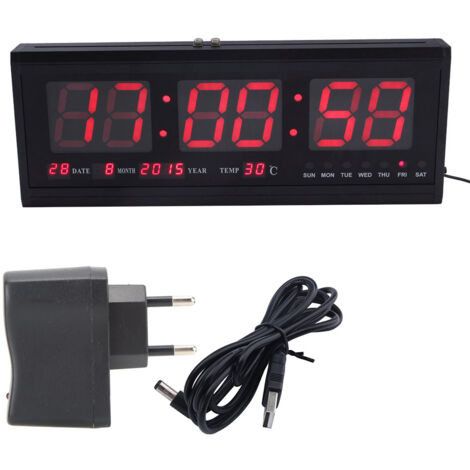 Eosnow Horloge murale numérique, calendrier 110-240 V et affichage de la température, montre LED en verre avec prise UE pour la maison, la salle de classe, la chambre à coucher, le bureau