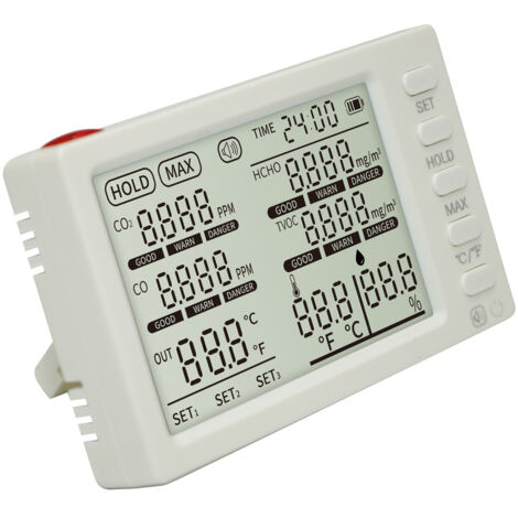 Moniteur de qualité de l'air intérieur 8 en 1, détecteur portable pour CO₂/HCHO/TVOC/CO/température/humidité/sonde de température externe/testeur de temps analyseur bureau école voiture (1/5)