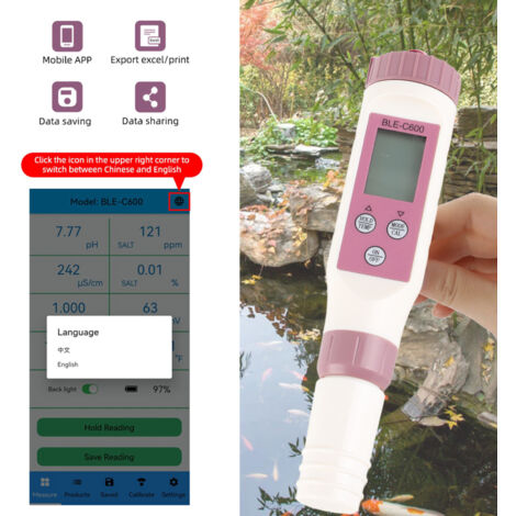 Eosnow Stylo de détection de la qualité de l'eau, sonde intelligente 7 en 1 haute sensibilité Bluetooth PH TDS EC ORP SG salinité température mètre (1/5)