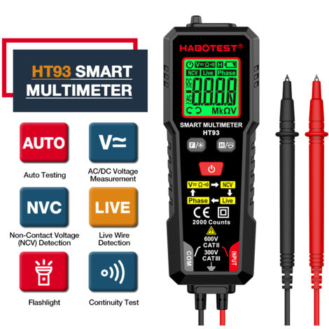 Eosnow Multimètre numérique HABOTEST HT93, testeur de tension, 2 000 points, plage automatique, mesure précise de la résistance CA/CC, avec test de tension de fil sous tension NCV (1/5)