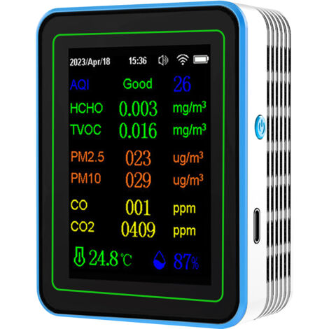 Détecteur de qualité de l'air WiFi 12 en 1, dioxyde de carbone avec affichage de l'heure/date AQI PM2.5 PM10 HCHO TVOC CO CO2 Testeur de température et d'humidité pour bureau, école (1/5)