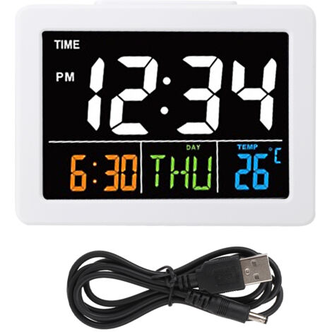 Eosnow Réveil électronique de bureau LCD couleur grand écran avec affichage de la Date de la température(Blanc )