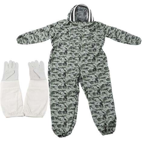 Costume d'abeille une pièce à double fermeture éclair, vêtements de protection pour apiculteur avec gants pour apiculteur (1 paire de gants XL, costume d'abeille XL)