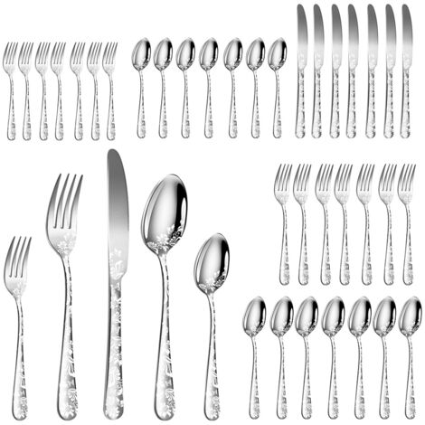 Ensemble d'argenterie en acier inoxydable 40 pièces, couverts polis miroir, 8 couteaux, 8 fourchettes, 8 cuillères, 8 fourchettes à thé, 8 cuillères à café pour la cuisine, le restaurant, la fête,Silv