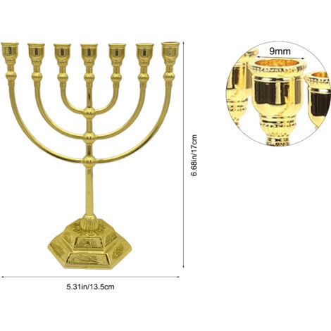 Eosnow Bougeoir menorah à 7 branches Temple de Jérusalem 12 tribus d'Israël 6,69 pouces de hauteur Support Hanukkah antique pour décoration de fête de vacances juive Or 17x13,5 cm