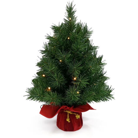 Petit sapin de Noël de 20 pouces avec guirlande lumineuse LED blanche chaude, aiguille de pin en PVC vert, base en velours rouge, ornement pour table, bureau, série classique, décoration de vacances (1/5)