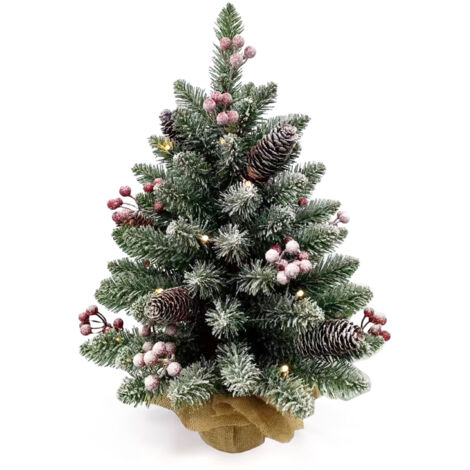 Petit sapin de Noël de 20 pouces avec guirlande lumineuse LED blanche chaude, fruits rouges, pomme de pin en plastique, base en toile de jute, ornement pour table, bureau, série classique, décoration (1/5)