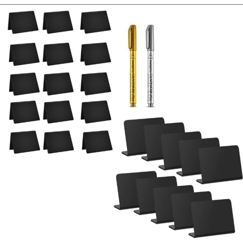15 Mini Tableaux Noirs 10x7,5 Cm - Pour Buffet, Mariage, Restaurants - Avec Stylos Argent Et Or