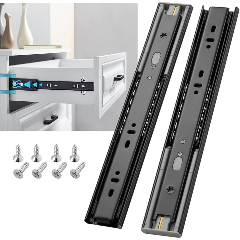 Lot de 6 paires de glissières de tiroir à roulement à billes à fermeture douce 45,7 cm – Extension complète – 3 plis – Montage latéral – Capacité de 45,4 kg – Noir