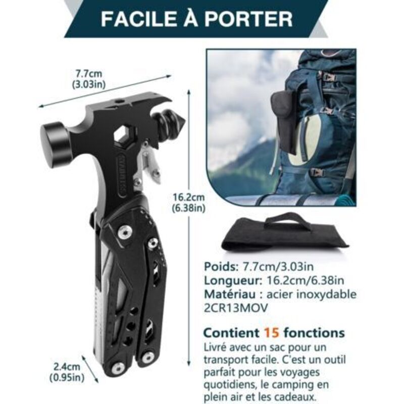 Outil Multifonction 12 En 1 Shefor - Marteau, Pince, Couteau, Scie, Décapsuleur... Cadeau Homme