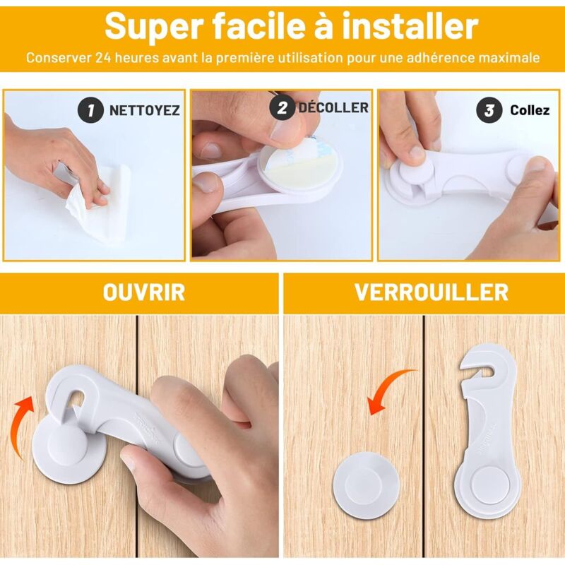 Lot De 12 Sécurités Pour Placards Et Tiroirs Bébé - Adhésif, Sans Perçage, Blanc - Protection Enfant