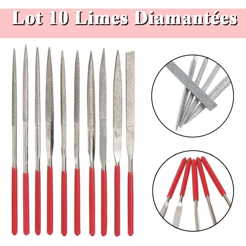 Jeu De 10 Limes Métalliques - Petites Limes Aiguilles Pour Acier, Métal, Bricolage, Poignée Caoutchouc Rouge