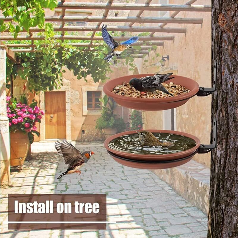 Lot De 3 Mangeoires/bains Pour Oiseaux - Polypropylène Marron, Diamètres 19/17/15 Cm, Pour Balcon/jardin