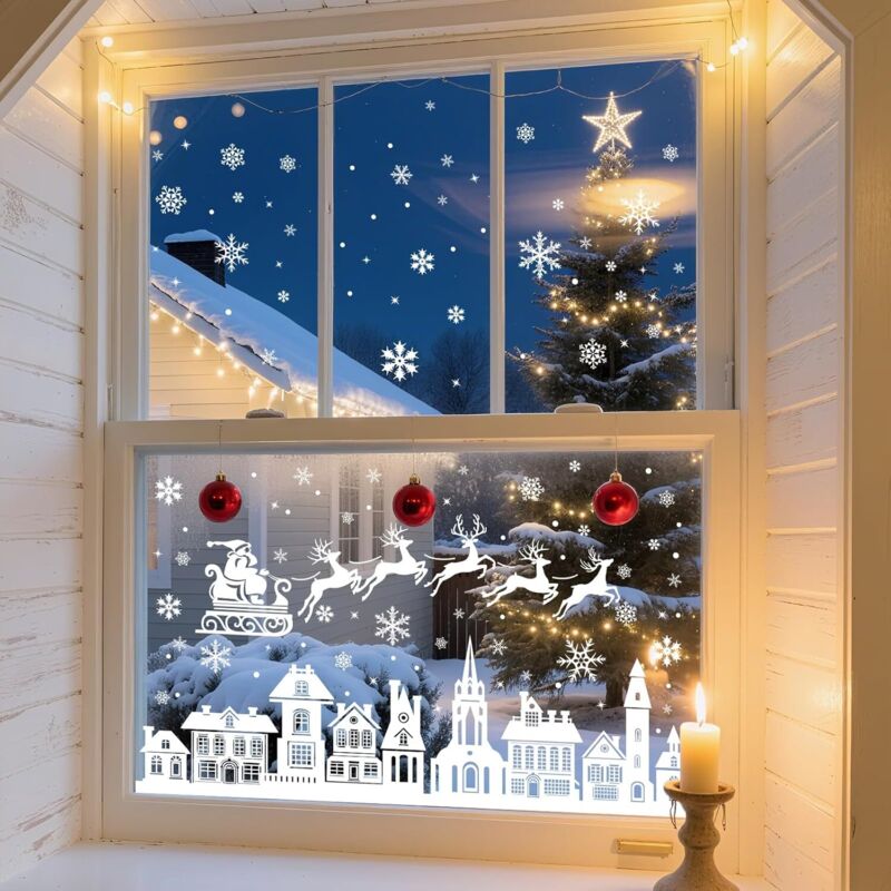 209 Autocollants Fenêtre Noël Électrostatiques Réutilisables - Lot De 9 Feuilles Motifs Arbre, Cerf, Flocons - Décoration Fenêtre Et Vitre Sans Trace - 13