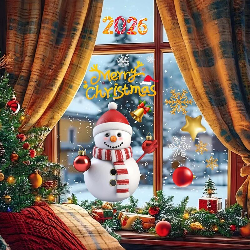 Autocollants Fenêtre Noël 3D - 9 Feuilles Avec Père Noël, Bonhommes De Neige Et Flocons