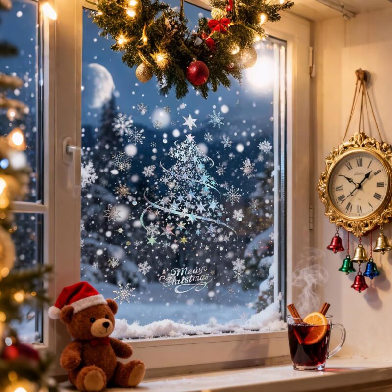 Lot De 2 Stickers Grand Sapin De Noël Doré 35x50 Cm - Autocollants Statiques Réutilisables Pour Mur, Fenêtre, Porte, Vitrine - 4