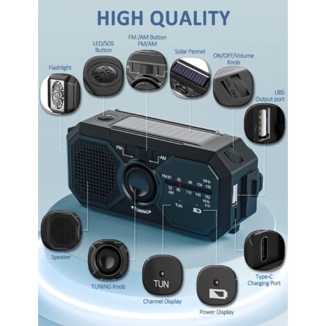 Radio De Survie AM/FM Rechargeable - Alimentation Solaire, Manivelle Et USB - Lecteur MP3, Lampe, Power Bank 2000mAh - Pour Randonnée, Camping, Urgence - 3